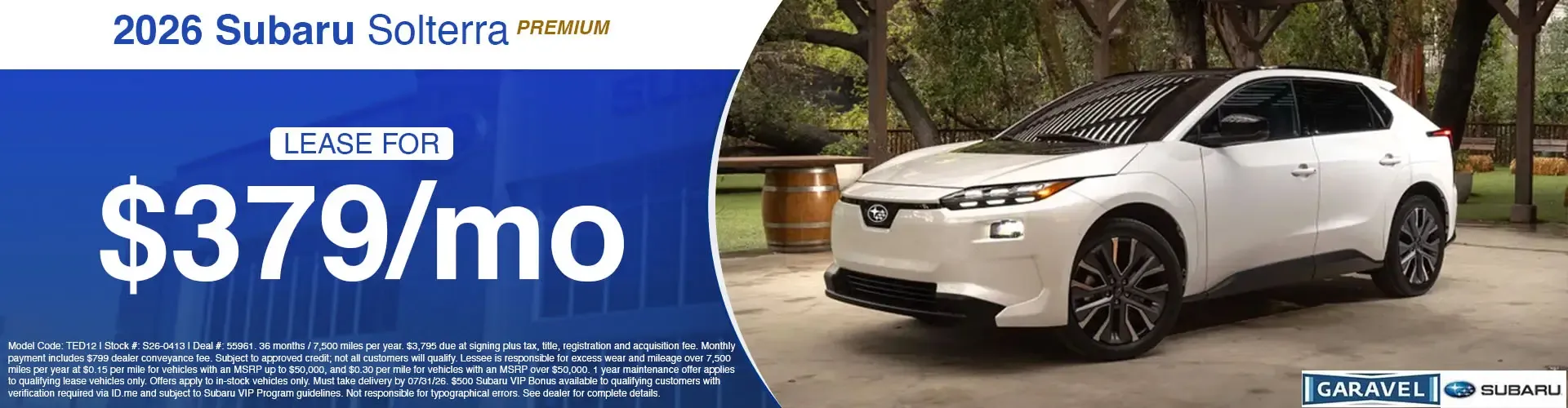 2026 Subaru Solterra Premium lease for 250 dollars a month at Garavel Subaru dealership shop now